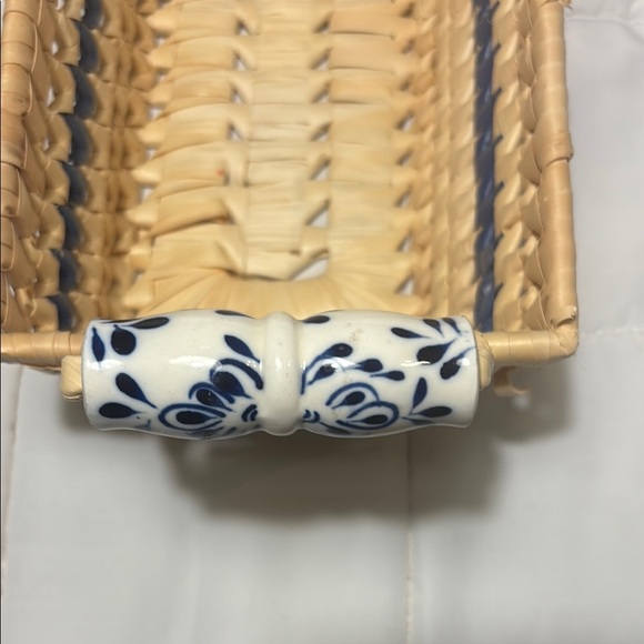 Woven Rectangular Basket with Ceramic Blue and White Handles - Picture 8 of 10